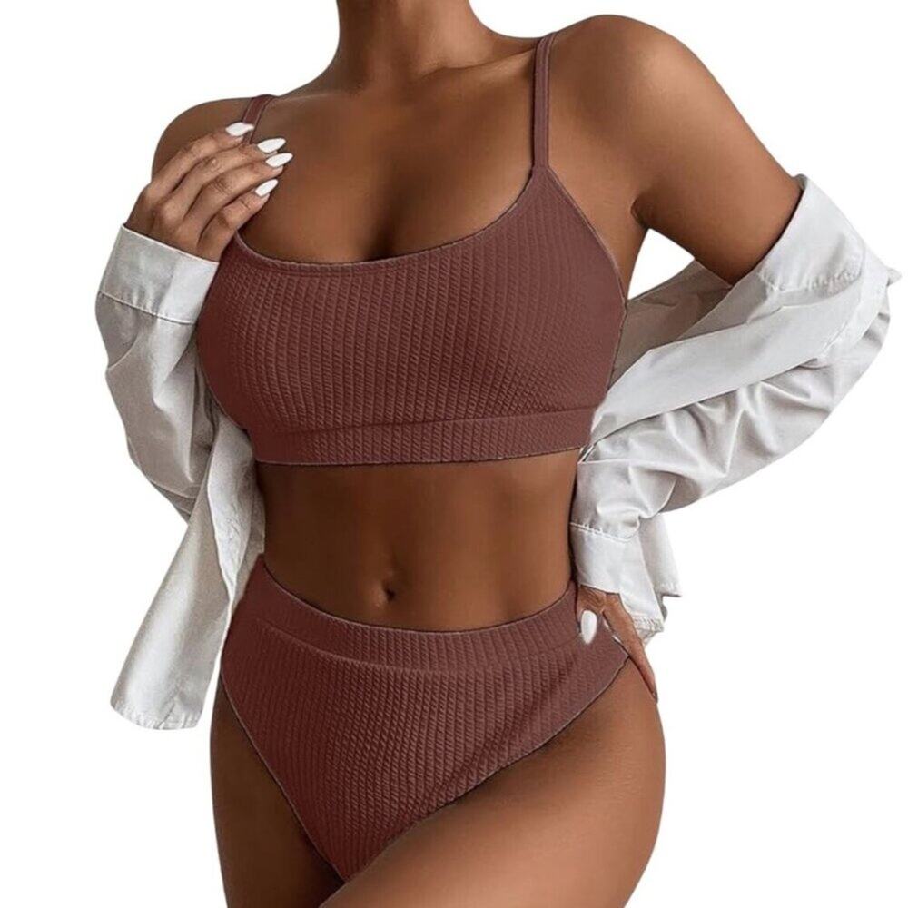 Women 2 Piece Swimsuit M Brown Ribbed Scoop Neck High-Waist Bikini NWOT